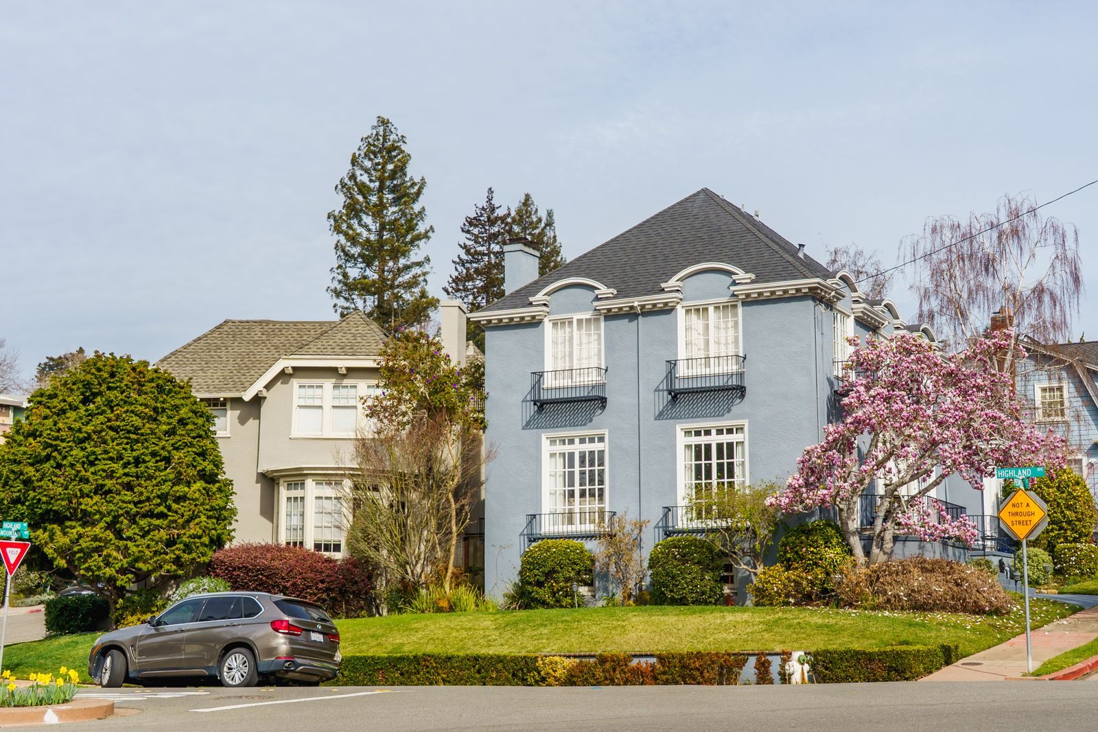 Blue two-story house on a residential street with spring blossoms and green lawns, the best time to sell your house in many areas
